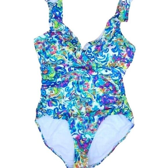 LAUREN RALPH Women's Printed Ruffle Surplice Underwire One-Piece Swimsuit size 8 - Picture 3 of 11